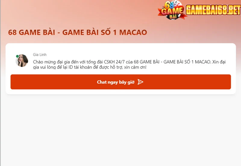 Cổng live chat chăm sóc khách hàng của 68 game bai